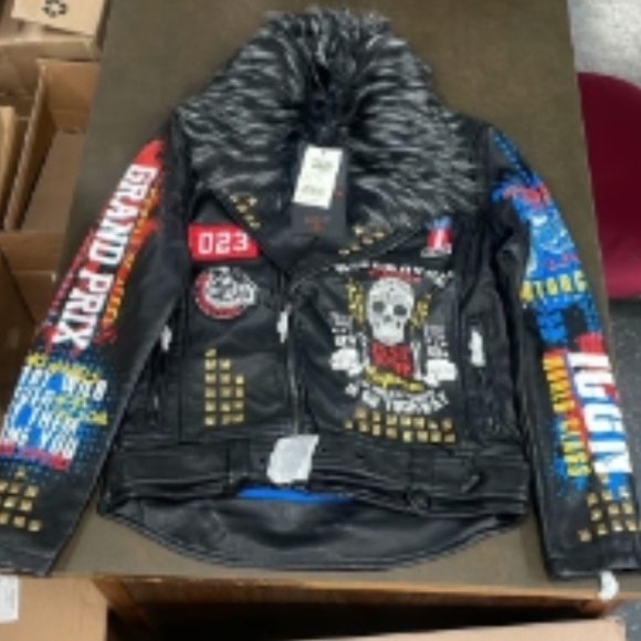 Copper Rivet Black Leather Bomber Jacket with Removable Faux Fur Collar - Picture 4 of 4